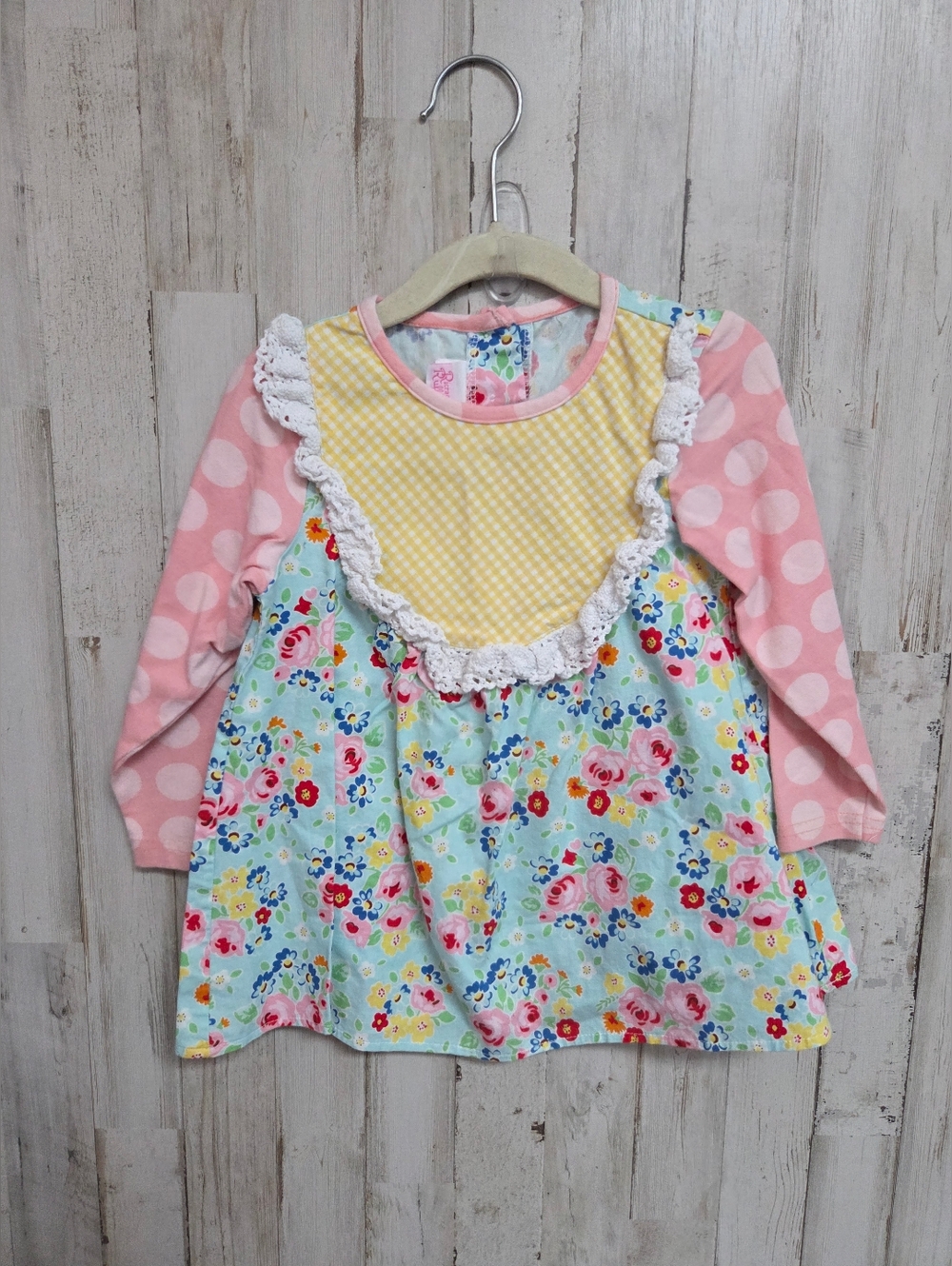 💝 Floral Patchwork Tunic with Pink Polka Dot Sleeves